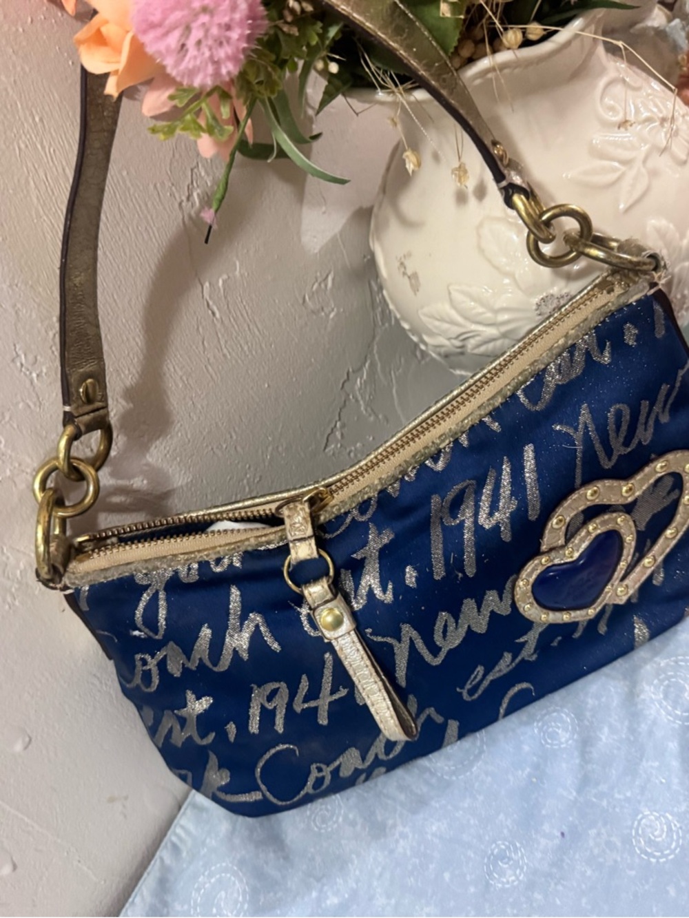 Vintage y2k Coach Navy Script Shoulder Bag with Heart Accent